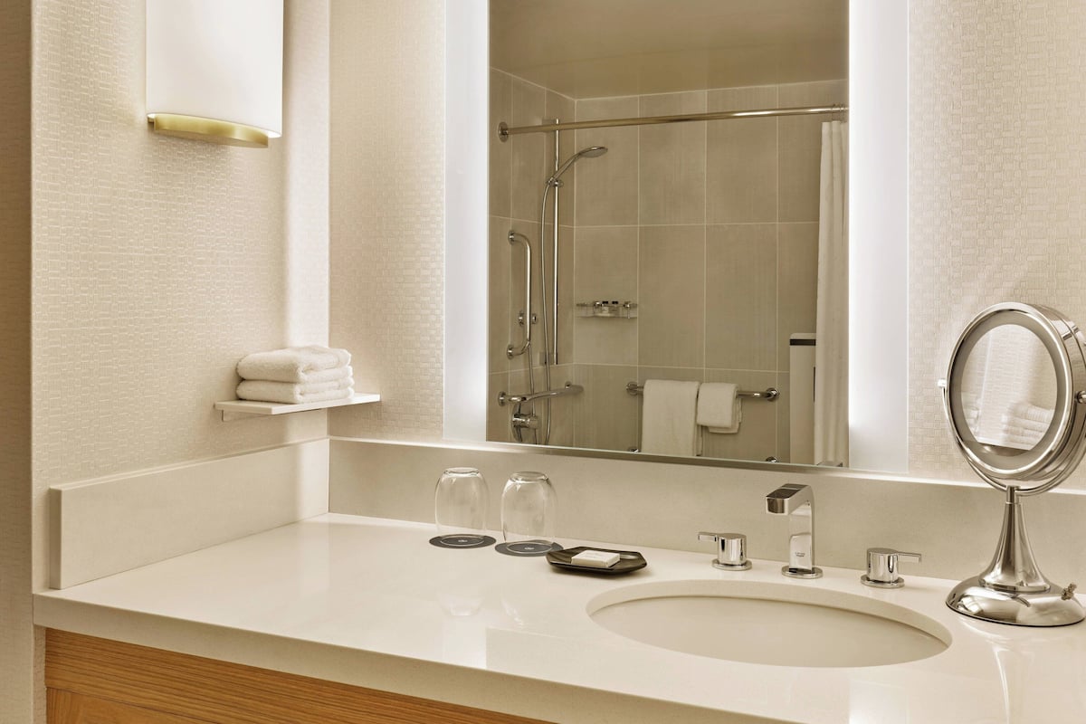 combined shower/bathtub, eco-friendly toiletries, hair dryer, towels