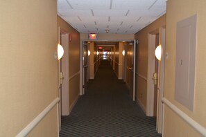 A hotel hallway with a carpeted floor, doors on both sides, and a ceiling with recessed lighting.