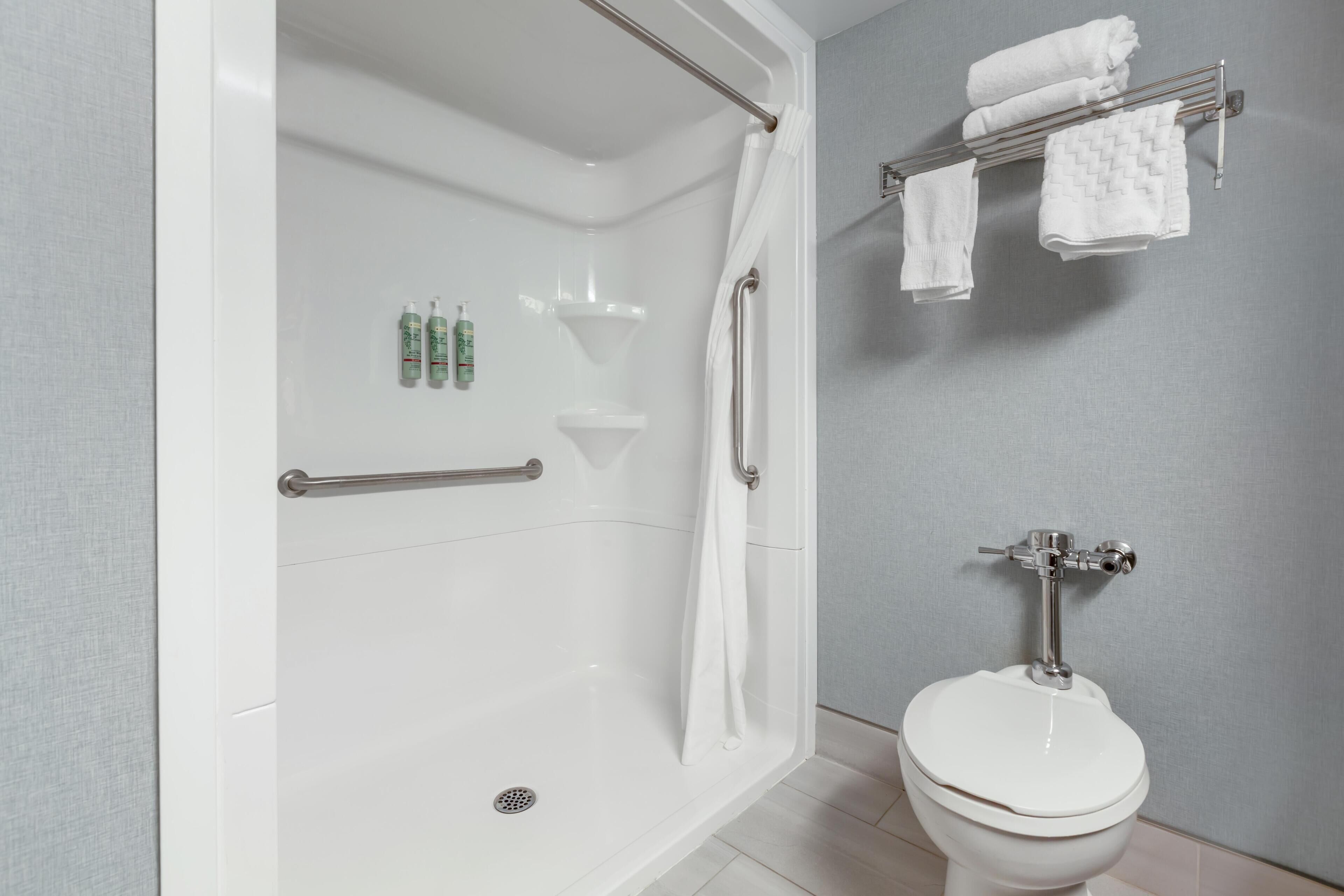 A bathroom with a shower, toilet, and towel rack.