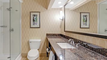 Un baño moderno con cabina de ducha de vidrio, inodoro, lavamanos con encimera de granito y dos cuadros en la pared.