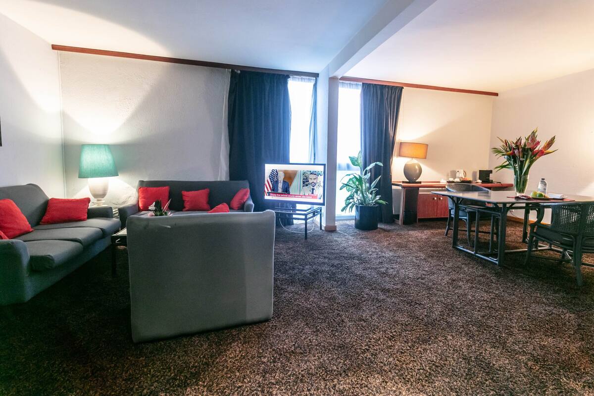 Una sala de estar con un sofá gris, cojines rojos, una mesa de centro, un televisor, una planta y un comedor con mesa y sillas.