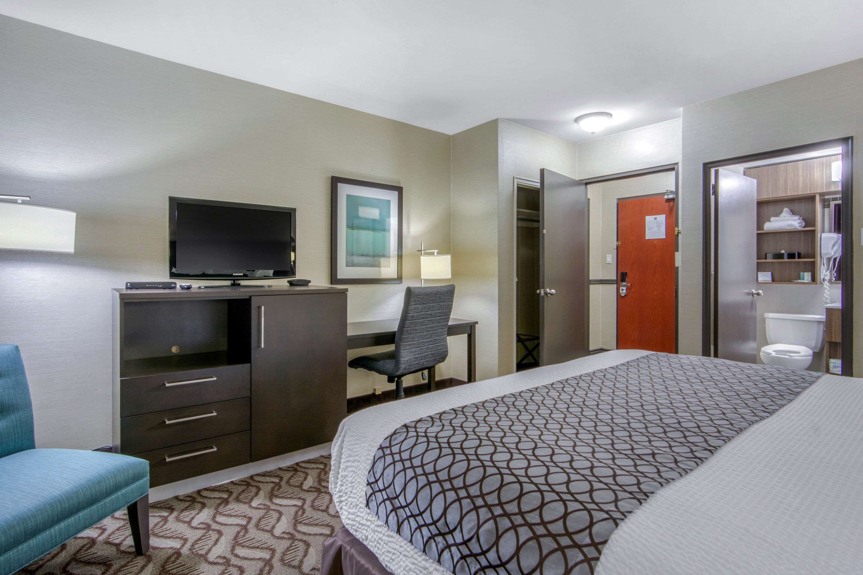 A hotel room with a bed, a desk, a chair, a television, a wardrobe, and a bathroom.