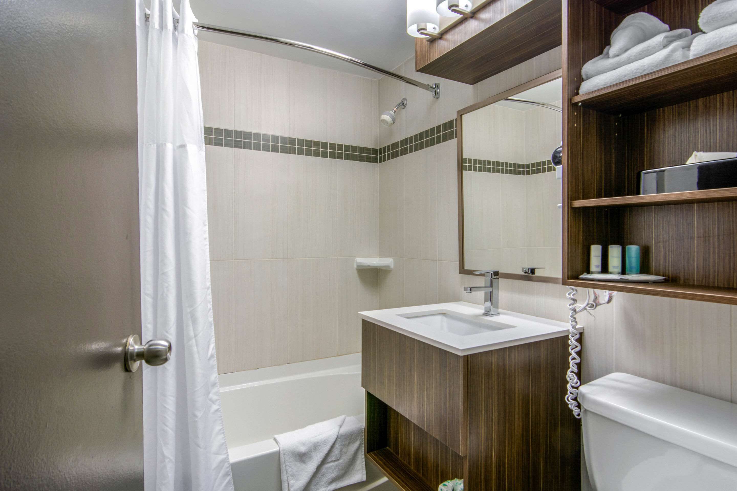 A bathroom with a shower, a sink, a toilet, and a mirror.