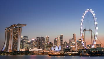 A city skyline with prominent buildings and a large Ferris wheel.
