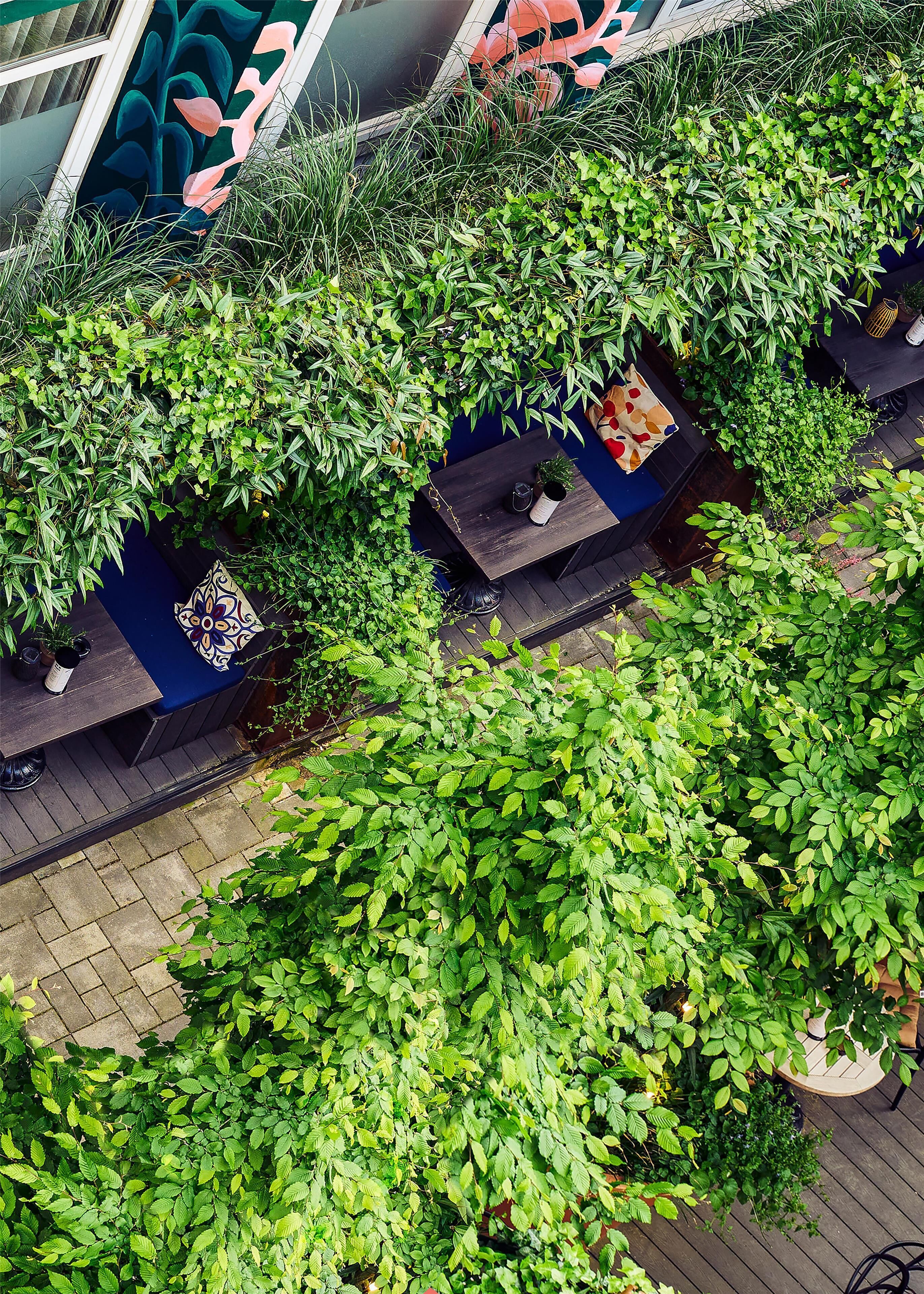 Un jardin sur le toit, aménagé avec des espaces pour s’asseoir et des plantes en pot.