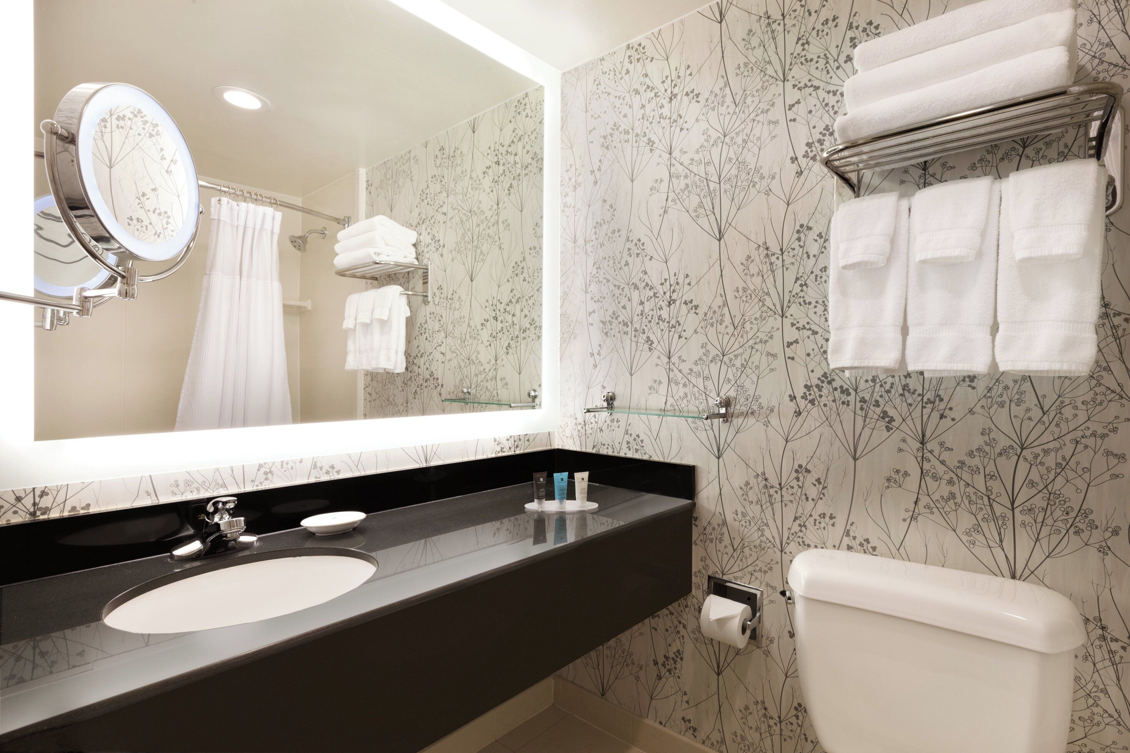 A bathroom with a large mirror, a sink, a toilet, and a towel rack.
