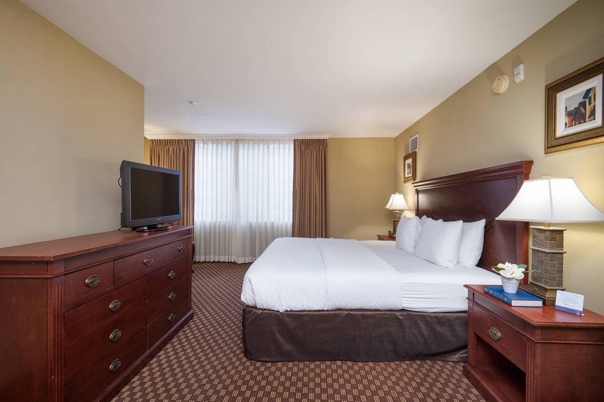 A hotel room with a bed, a TV on a dresser, a lamp, and a framed picture on the wall.