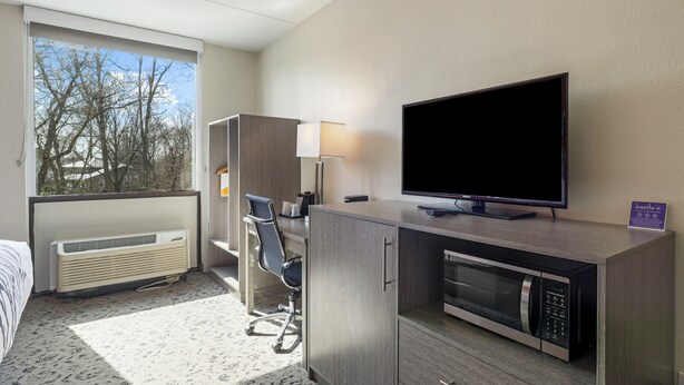 A hotel room with a bed, a desk with a chair, a television, a microwave, and a window with a view of trees and buildings.