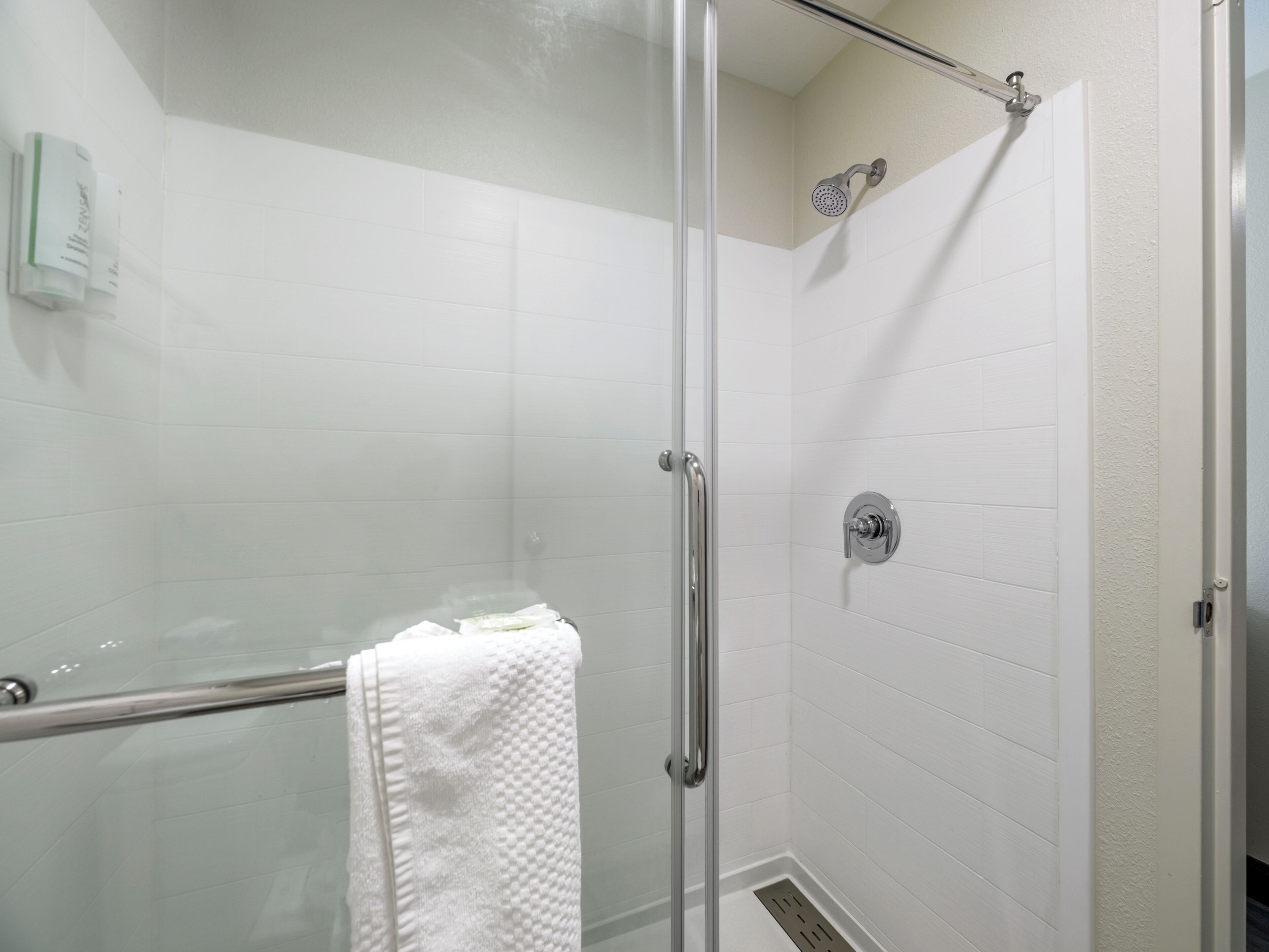 A glass-enclosed shower with a handheld showerhead, a towel rack, and a wall-mounted control panel.