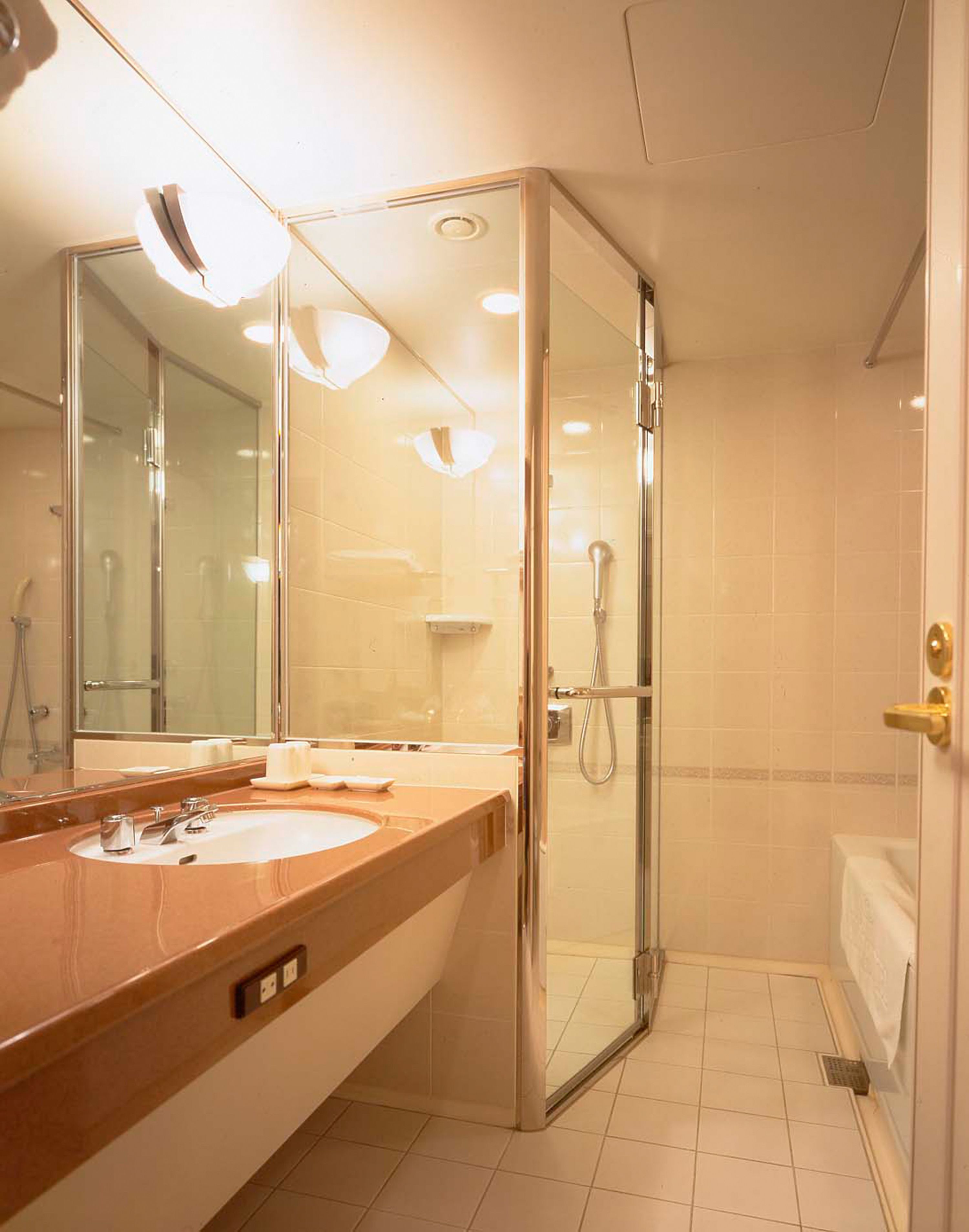 combined shower/bathtub, free toiletries, hair dryer, bathrobes
