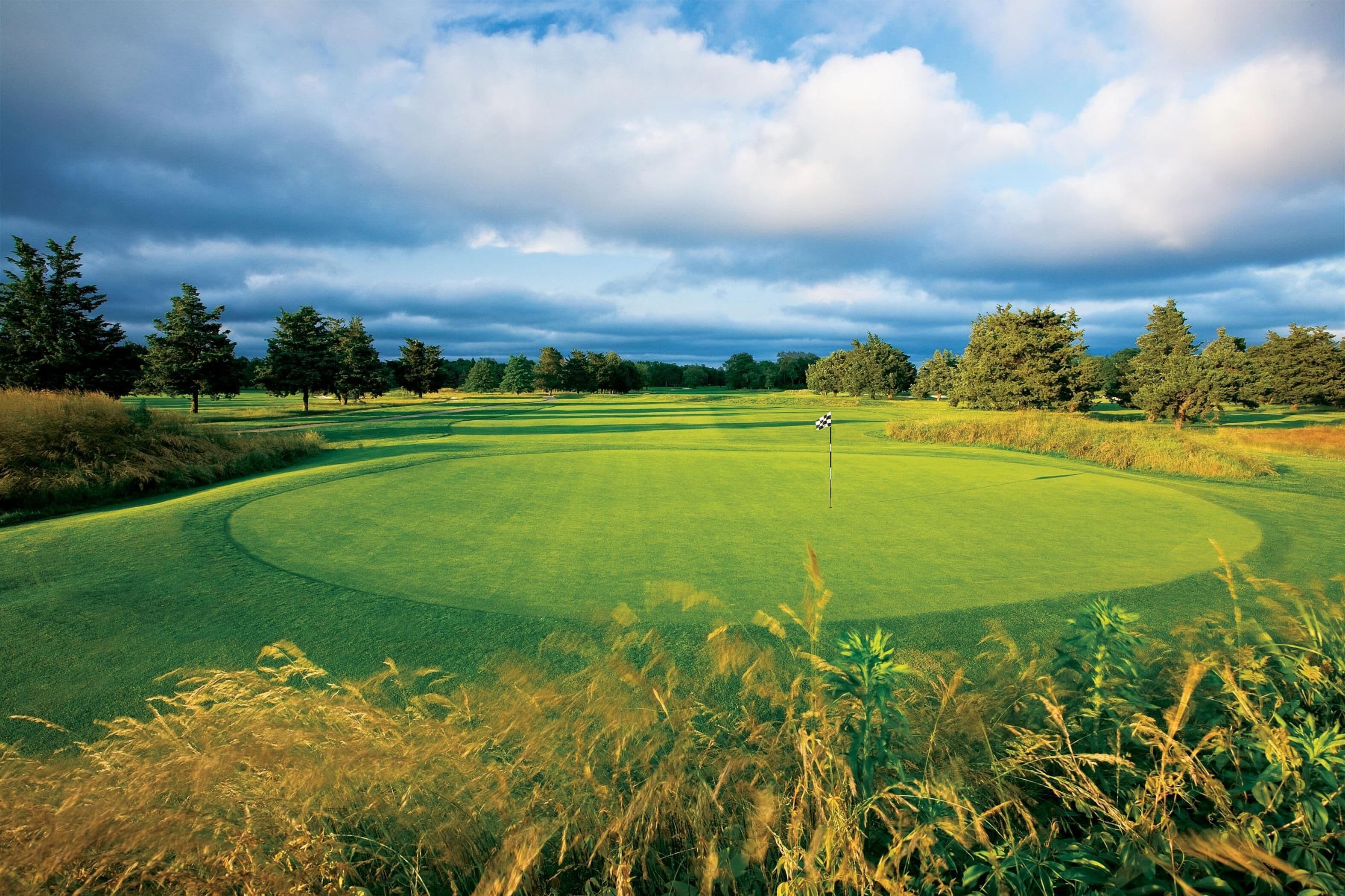 Ein Golfplatz mit Putting Green, Bäumen und bewölktem Himmel.