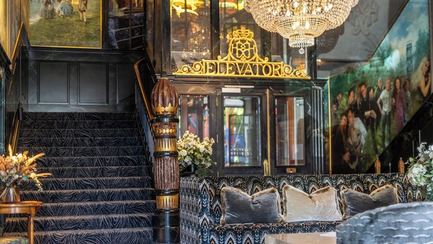 Un grand escalier orné d’un tapis à motifs zébrés, un lustre et un canapé agrémenté de nombreux coussins.