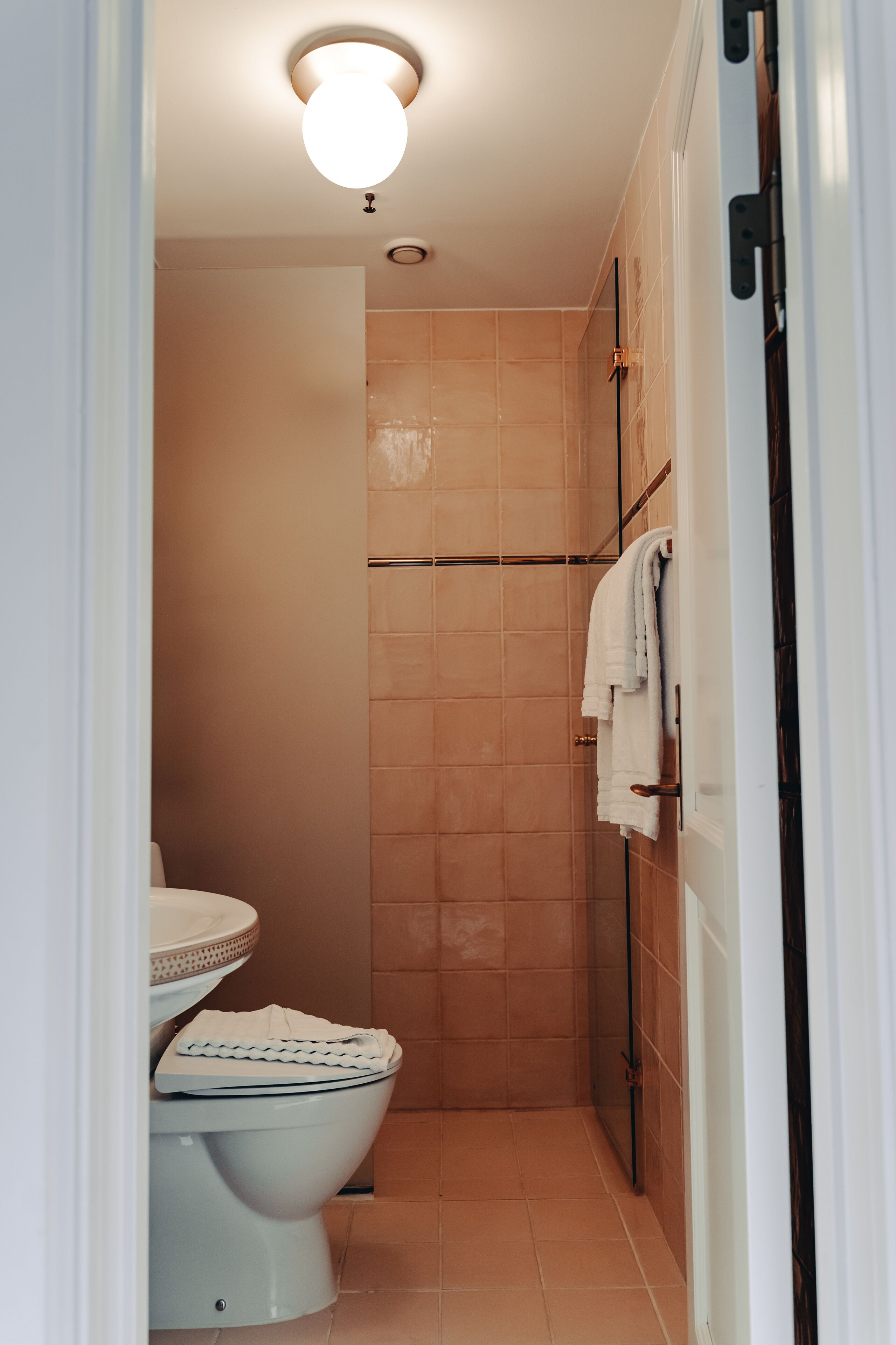 Un baño pequeño con inodoro, cabina de ducha y perchero.