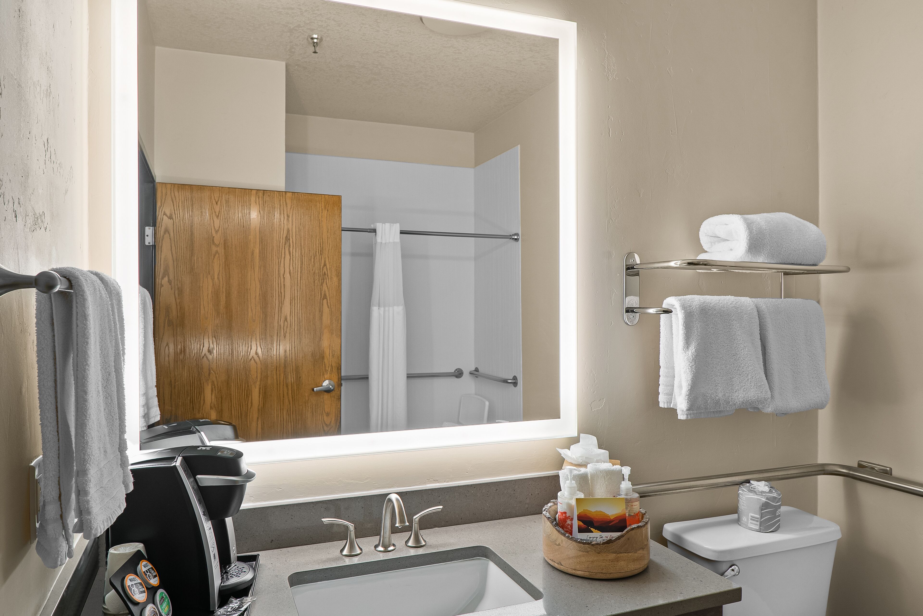 shower, eco-friendly toiletries, hair dryer, towels