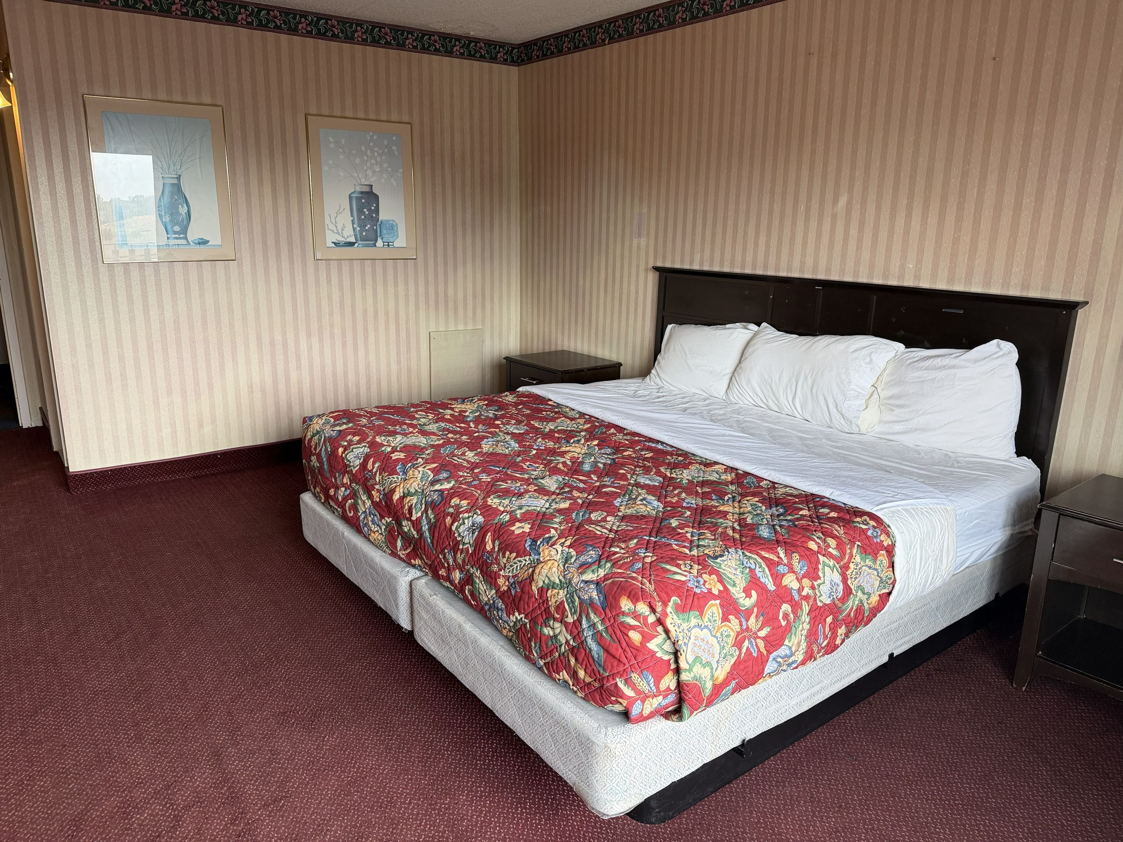 Een hotelkamer met een groot bed, een nachtkastje, twee ingelijste foto's aan de muur en een vloerbedekking.