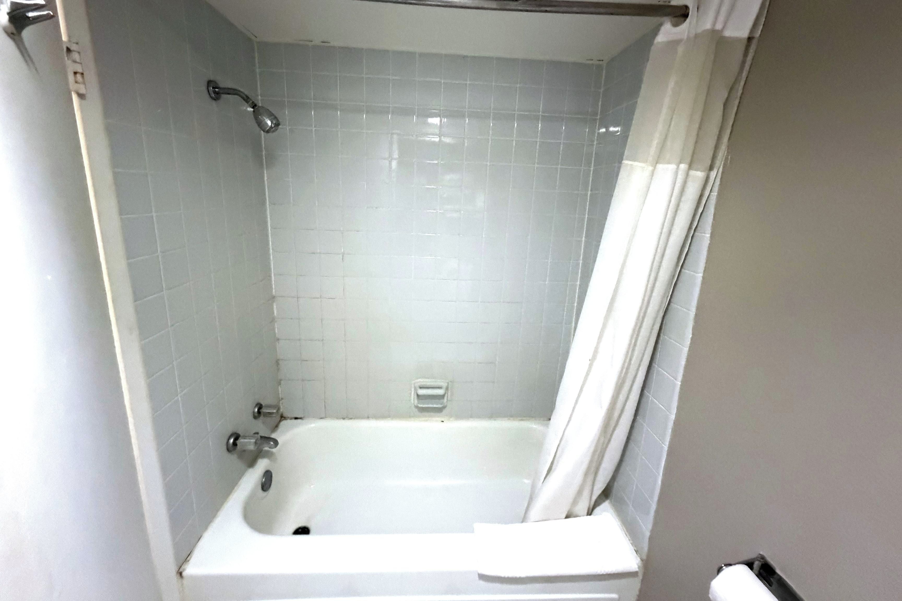 A standard bathroom with a bathtub, a shower, and a toilet.