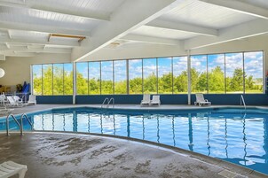 Una piscina interior con vistas despejadas a árboles y al cielo a través de amplias ventanas.