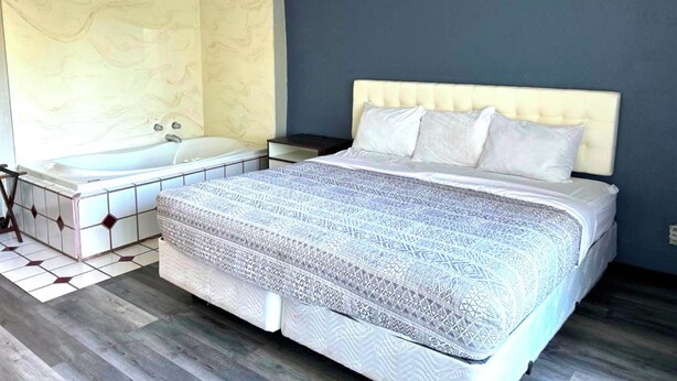 Un dormitorio con una cama grande, una mesita de noche y una bañera.