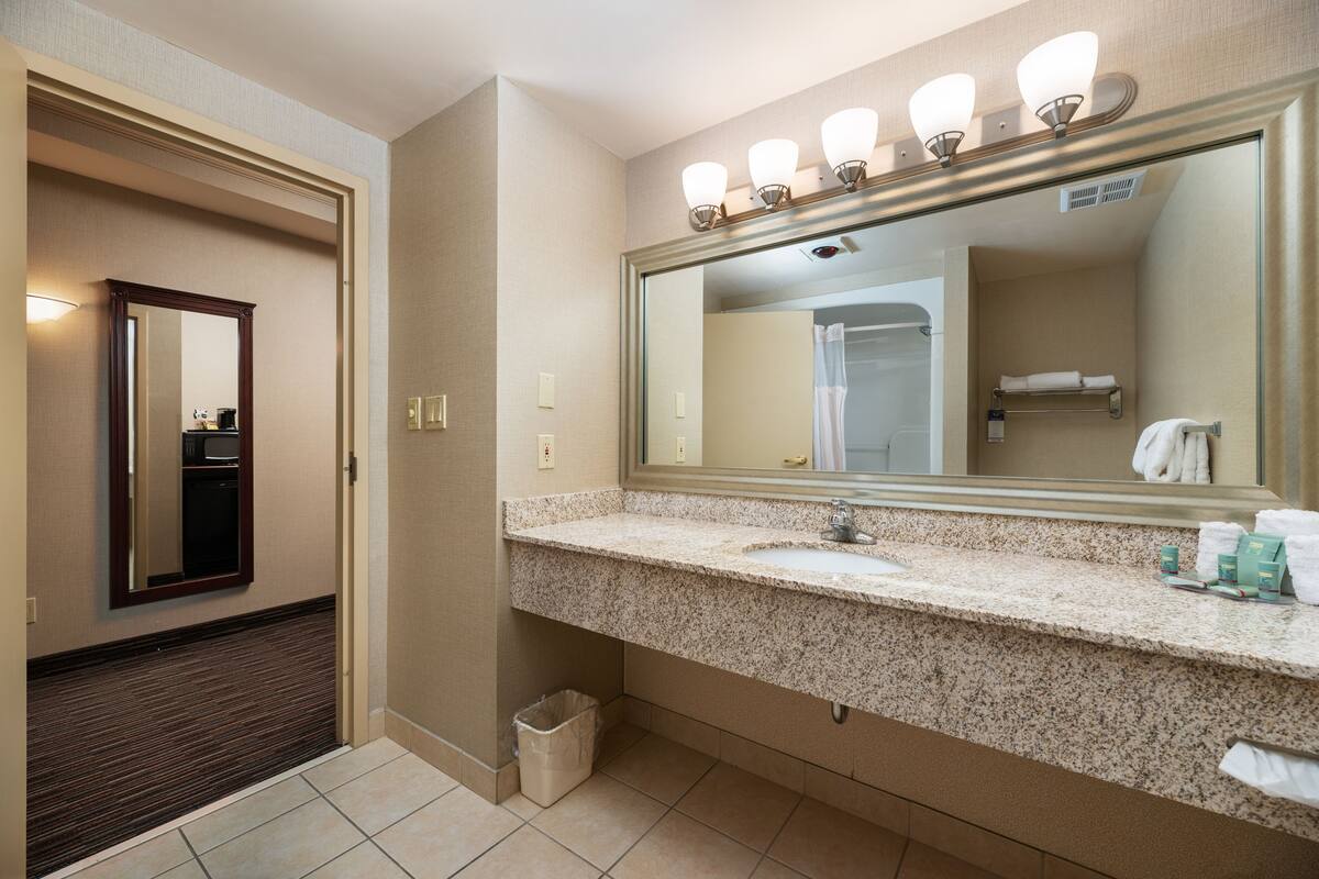 Un baño de hotel con un espejo grande, un lavamanos y un cubo de basura.