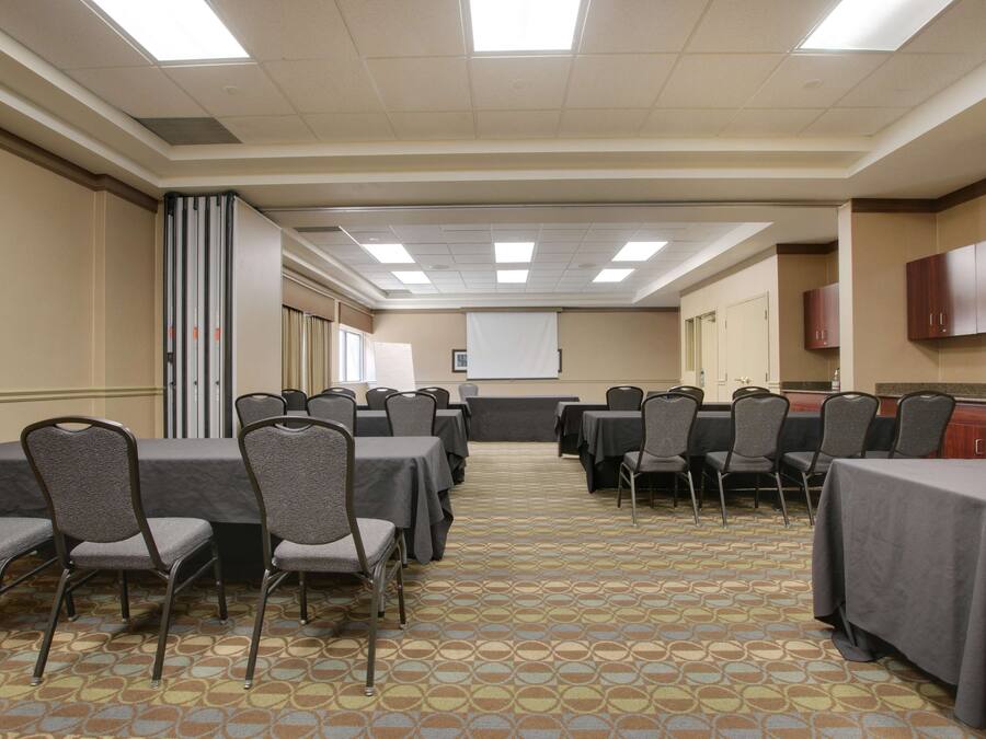 Une salle de conférence équipée de plusieurs tables et chaises, d’un écran de projection et d’un tapis à motifs.
