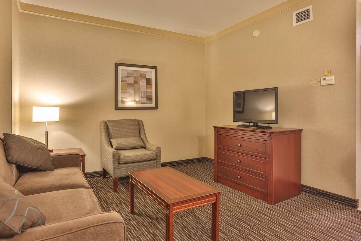 Habitación de hotel con un sofá, una silla, una mesa de madera, un televisor sobre un mueble de madera y un cuadro en la pared.