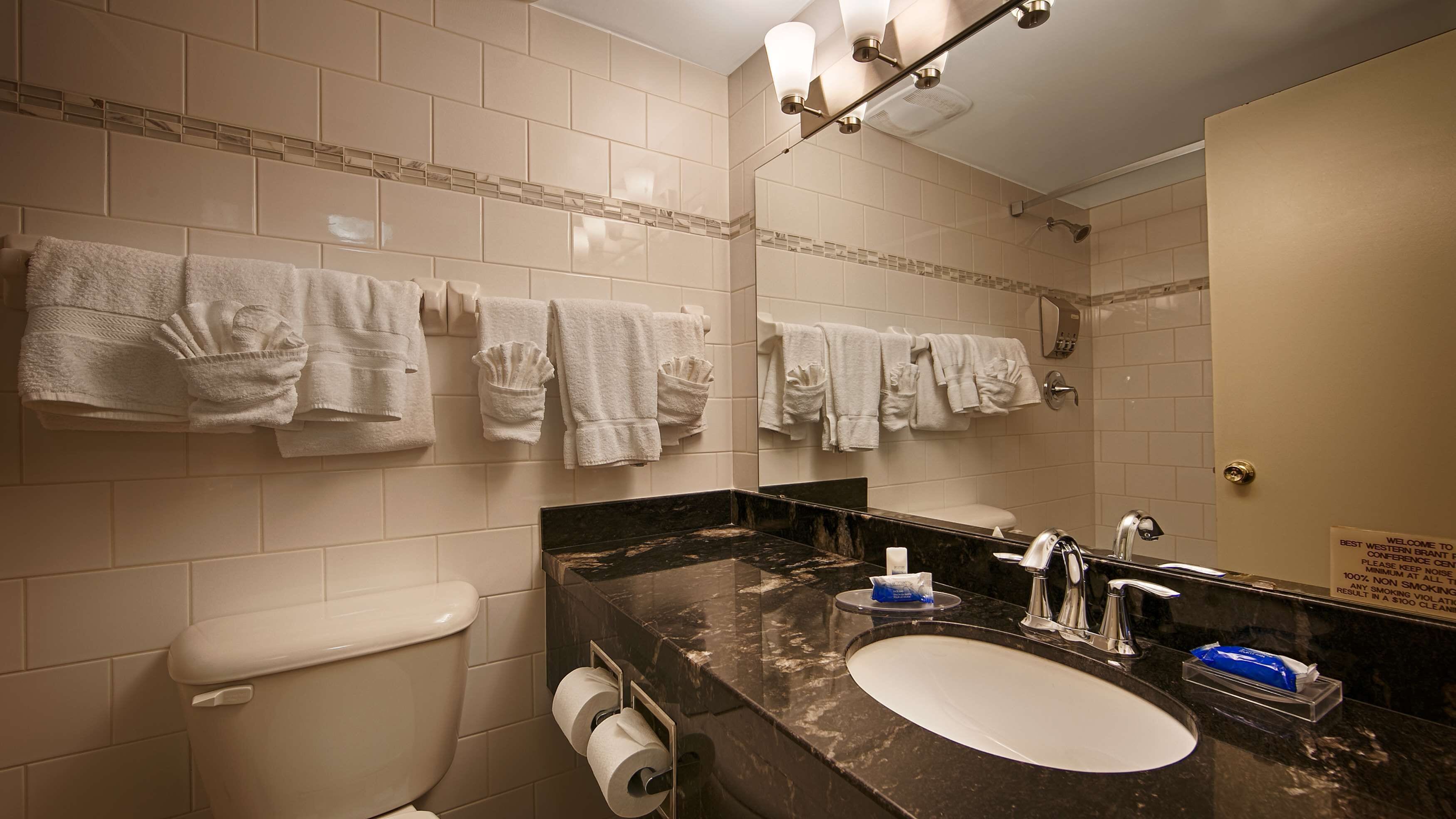 A bathroom with a toilet, sink, and mirror. Towel racks are visible on the wall.
