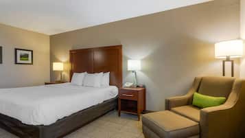 Habitación de hotel con cama, una silla, una mesita de noche con lámpara y teléfono en la pared.