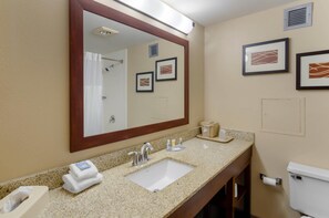 A bathroom with a sink, mirror, towel dispenser, toilet, and framed artwork on the wall. - Comfort Inn Blacksburg University Area (Christiansburg)