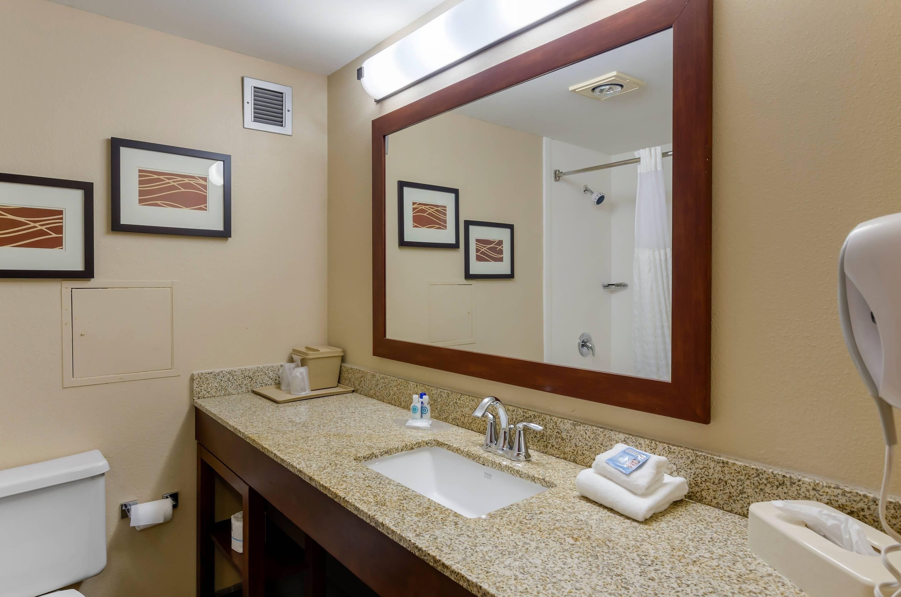 A hotel bathroom with a sink, mirror, framed artwork, and a shower.