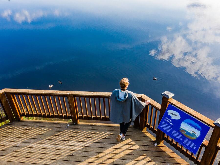 A wooden deck with a railing overlooking a body of water.