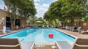 Een buitenzwembad, ligstoelen bij het zwembad