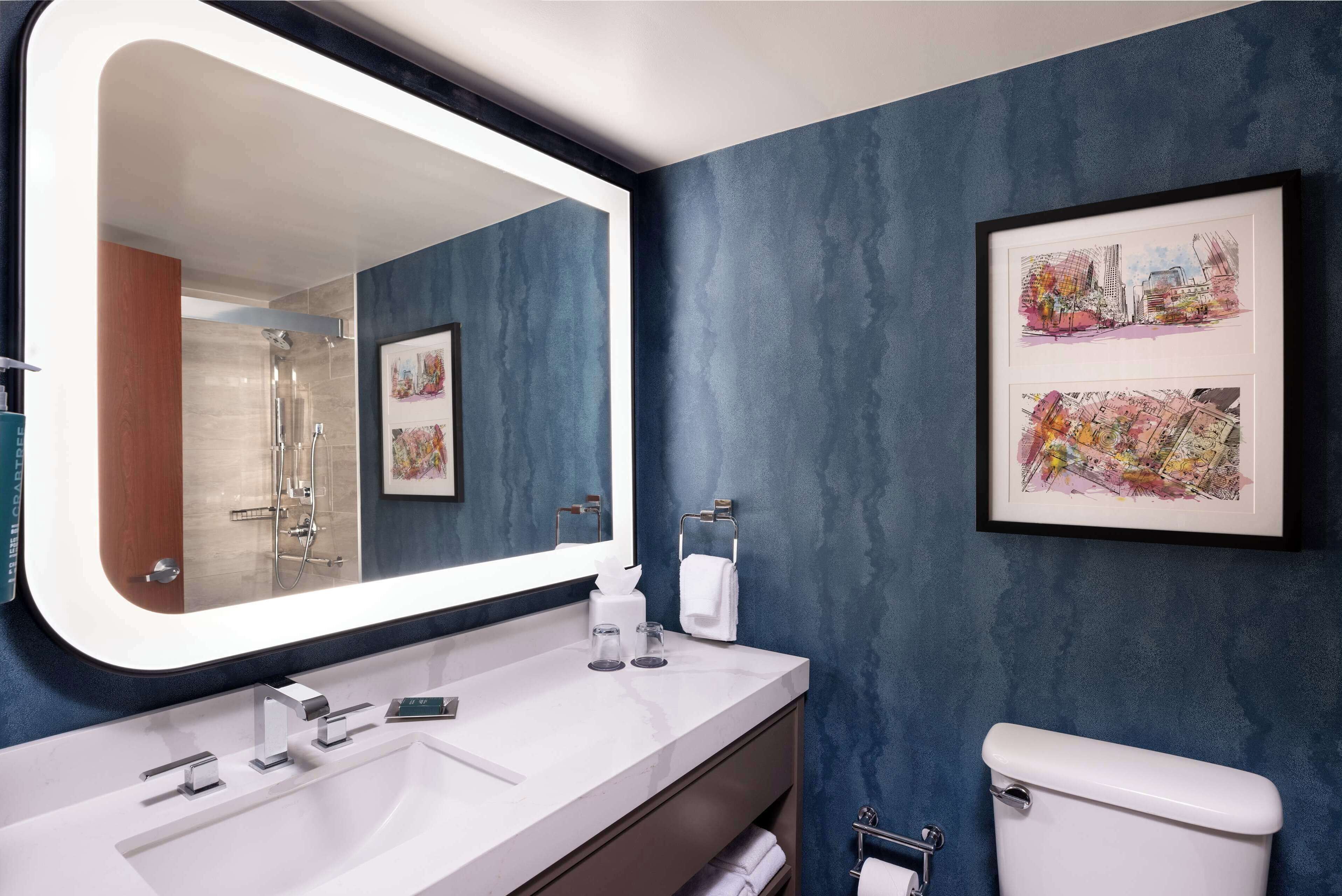 A modern bathroom with a large mirror, two sinks, a toilet, and framed artwork on the wall.