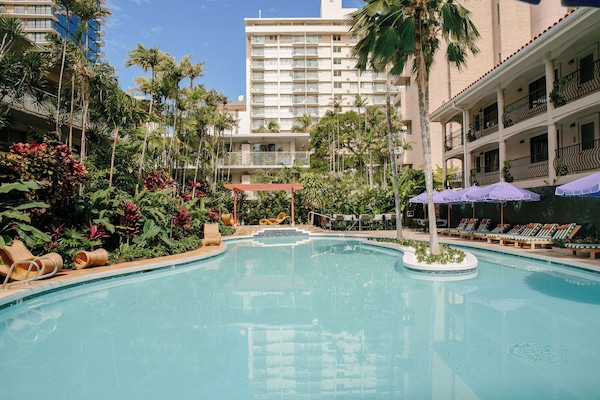 Outdoor pool, open 8:00 AM to 10:00 PM, sun loungers