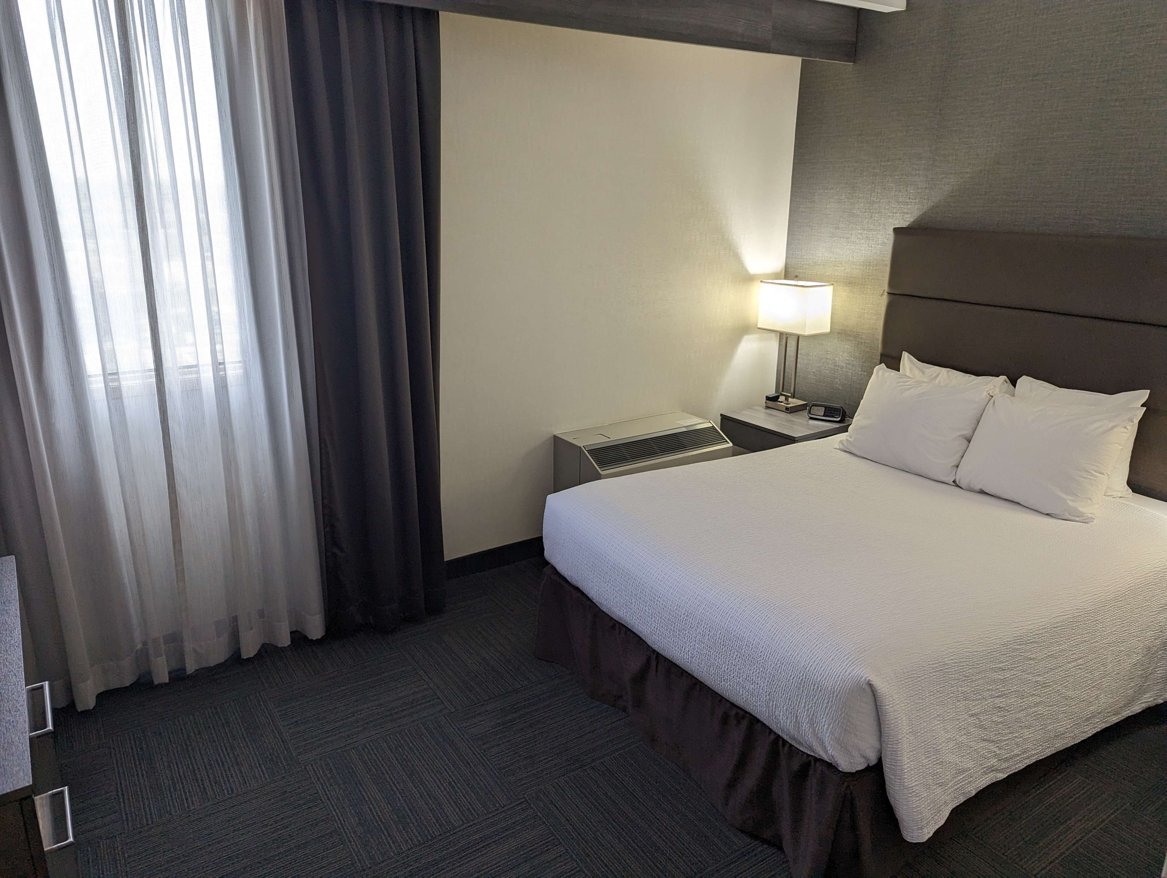 A hotel room with a bed, a nightstand, a lamp, and a window with curtains.