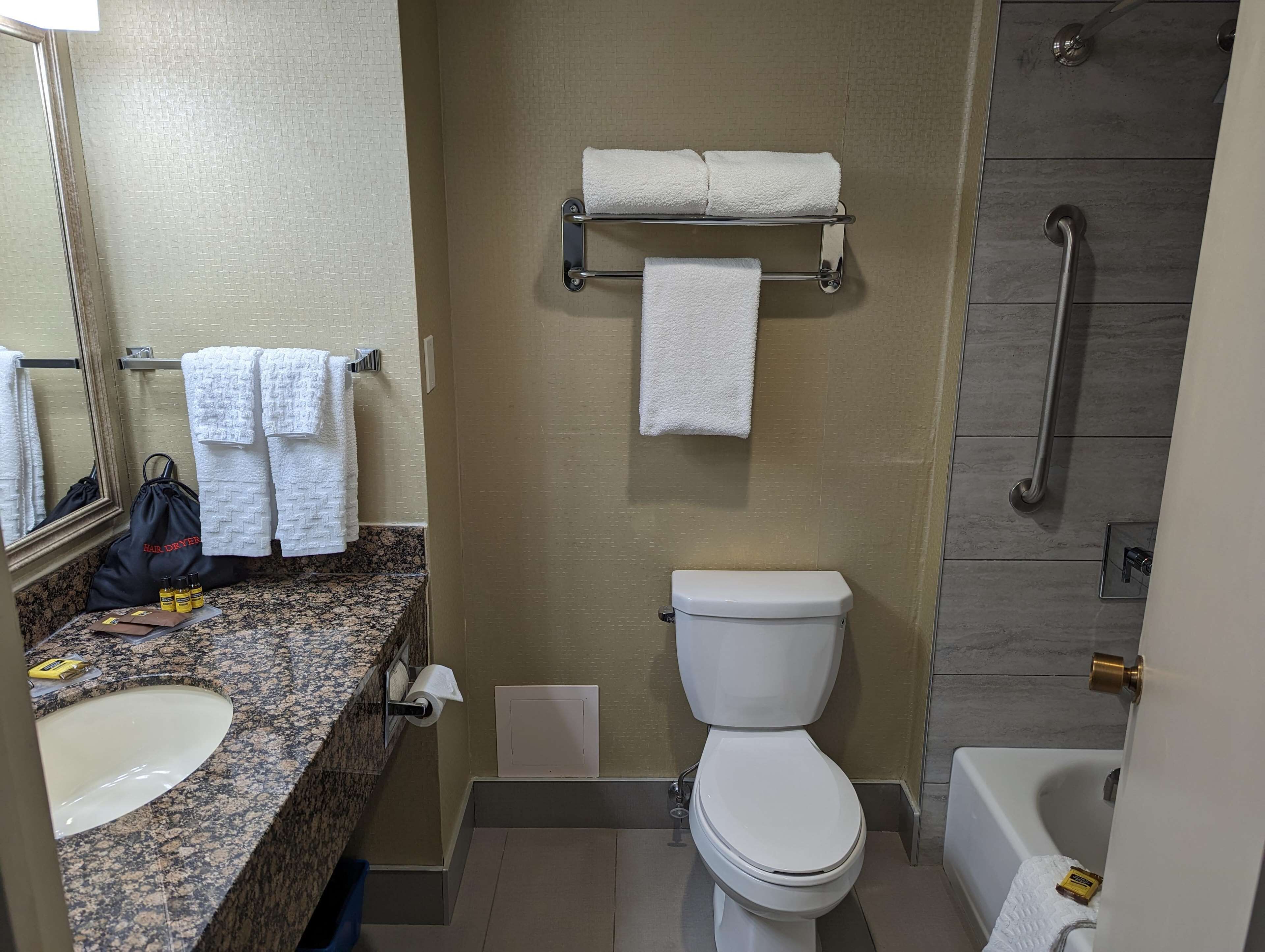 Une salle de bain dotée d’un comptoir en granit, d’un lavabo blanc, de toilettes et d’un espace douche.