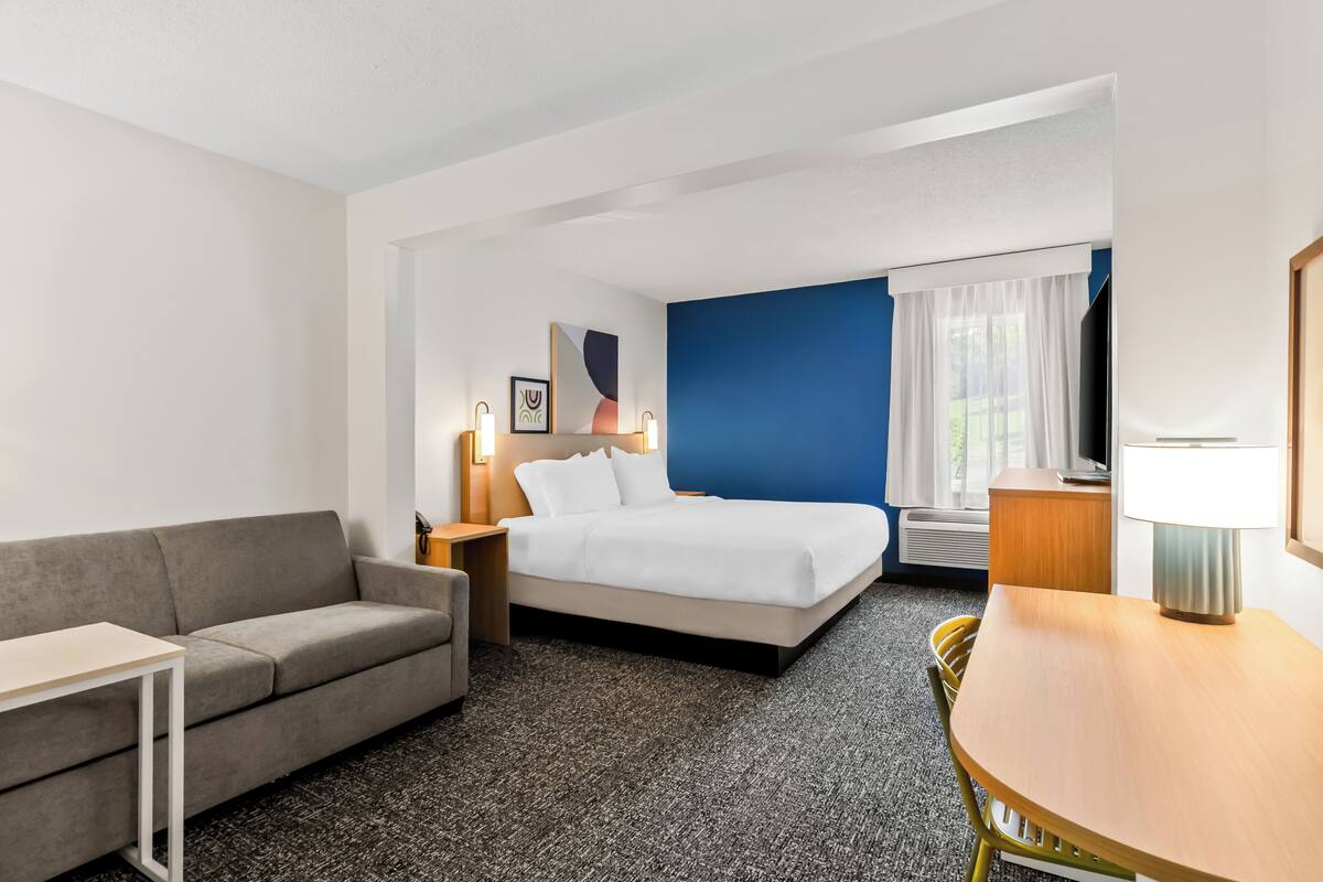 A hotel room with a bed, a sofa, a desk, and a chair.
