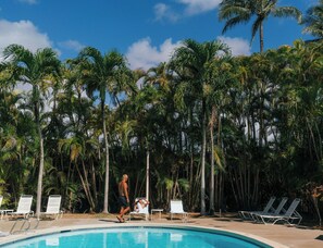 Una piscina con sillas de descanso y palmeras al fondo.