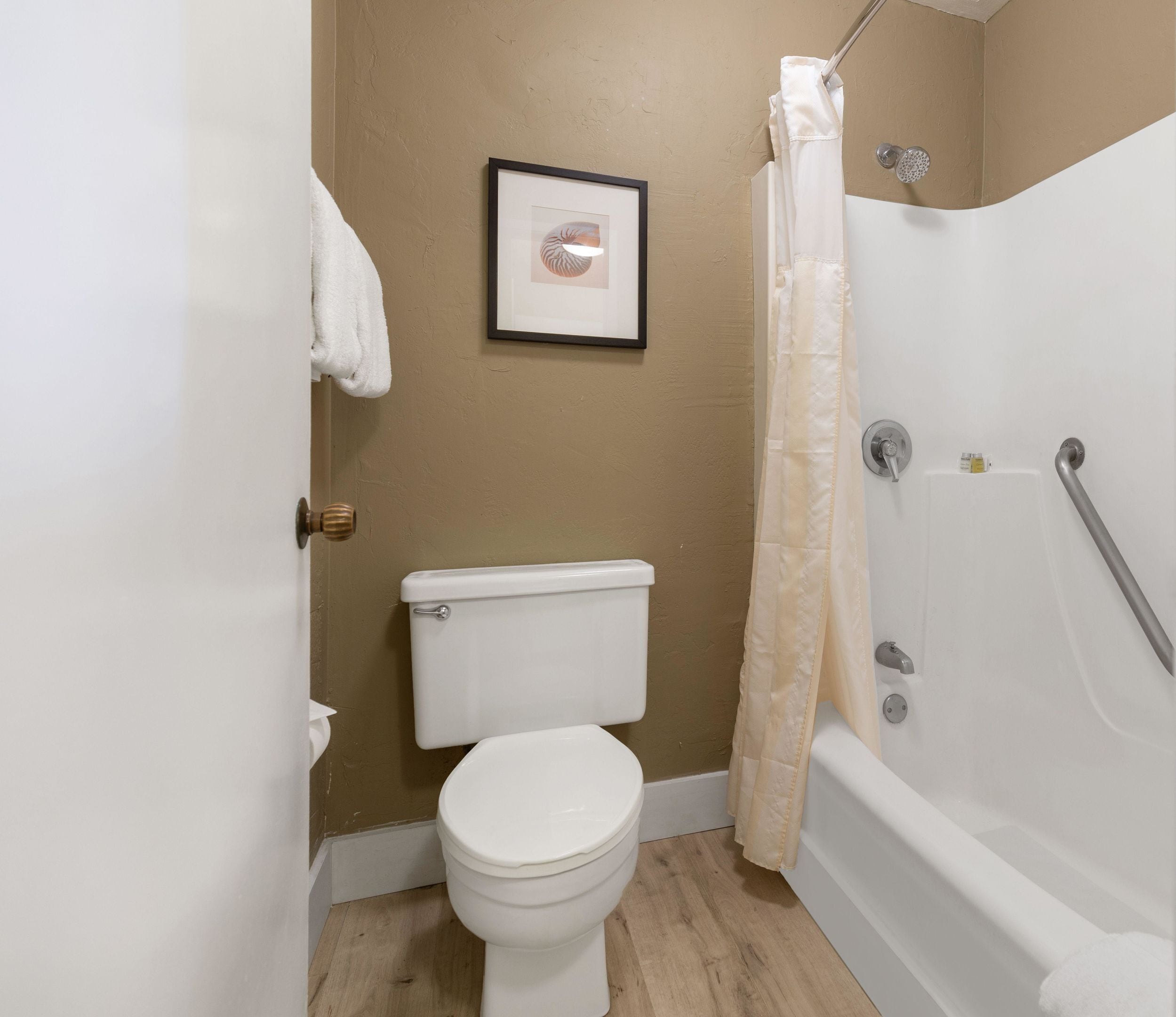 A bathroom with a toilet, a framed picture on the wall, a shower curtain, and a bathtub.