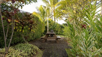 Un sendero en un jardín que lleva a una mesa de picnic rodeada de abundante vegetación y palmeras.