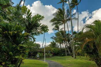 A hotel room with a bed, a nightstand, a window with curtains, and a view of greenery outside. at Plantation Hale Suites