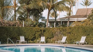 A pool area with lounge chairs, a hedge, and palm trees. - Plantation Hale Suites (Kapaa)