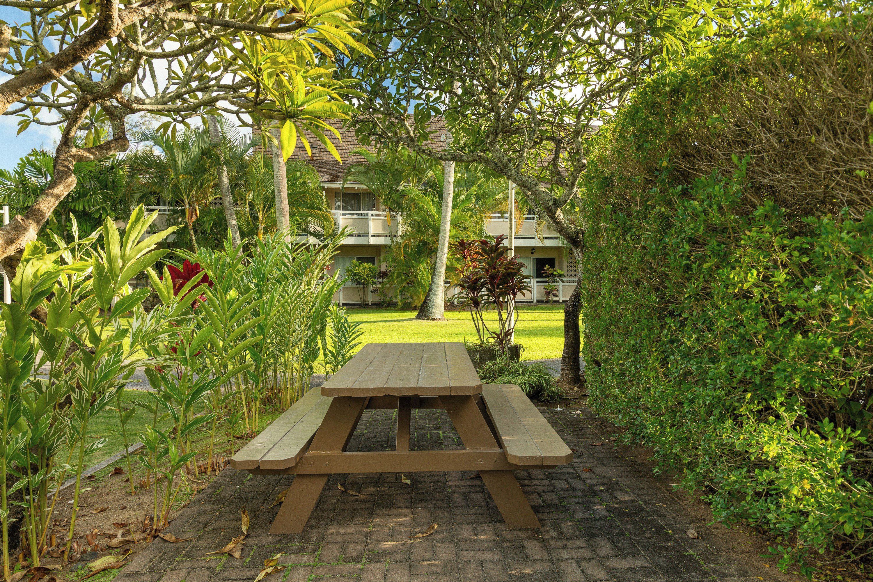 A picnic table in a garden with a view of a building in the background.