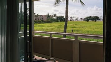 A view from a balcony with a railing, overlooking a grassy field with palm trees and a building in the distance.