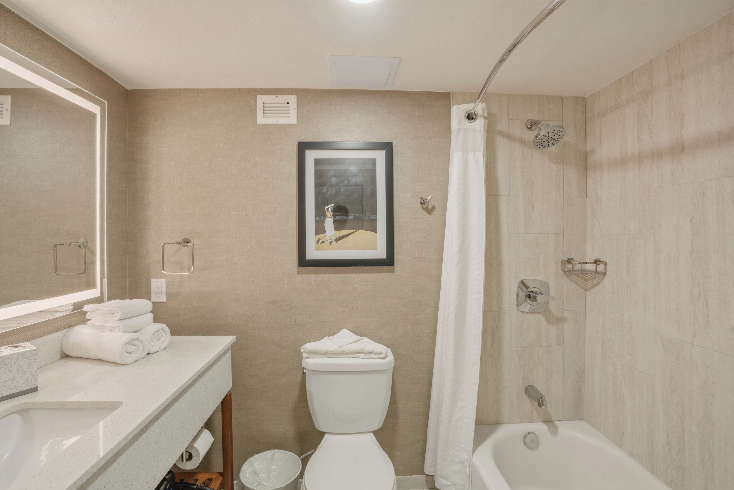 A bathroom with a toilet, sink, shower, and a framed picture on the wall.