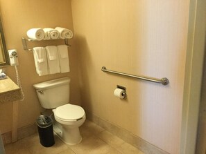 Combined shower/bathtub, eco-friendly toiletries, hair dryer, towels