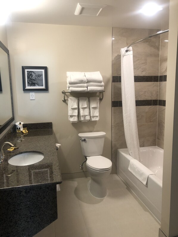Un baño moderno con lavamanos de granito, inodoro, bañera con cortina de ducha y un cuadro en la pared.