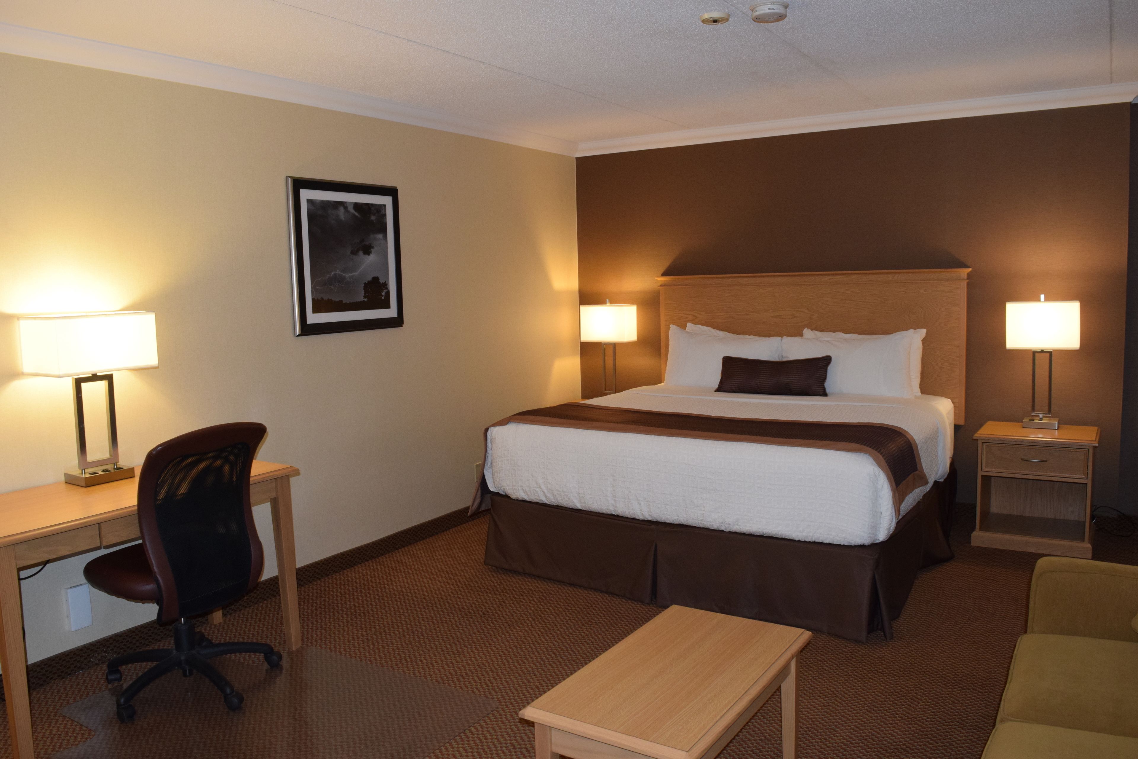 A hotel room with a bed, desk, chair, and bedside table.