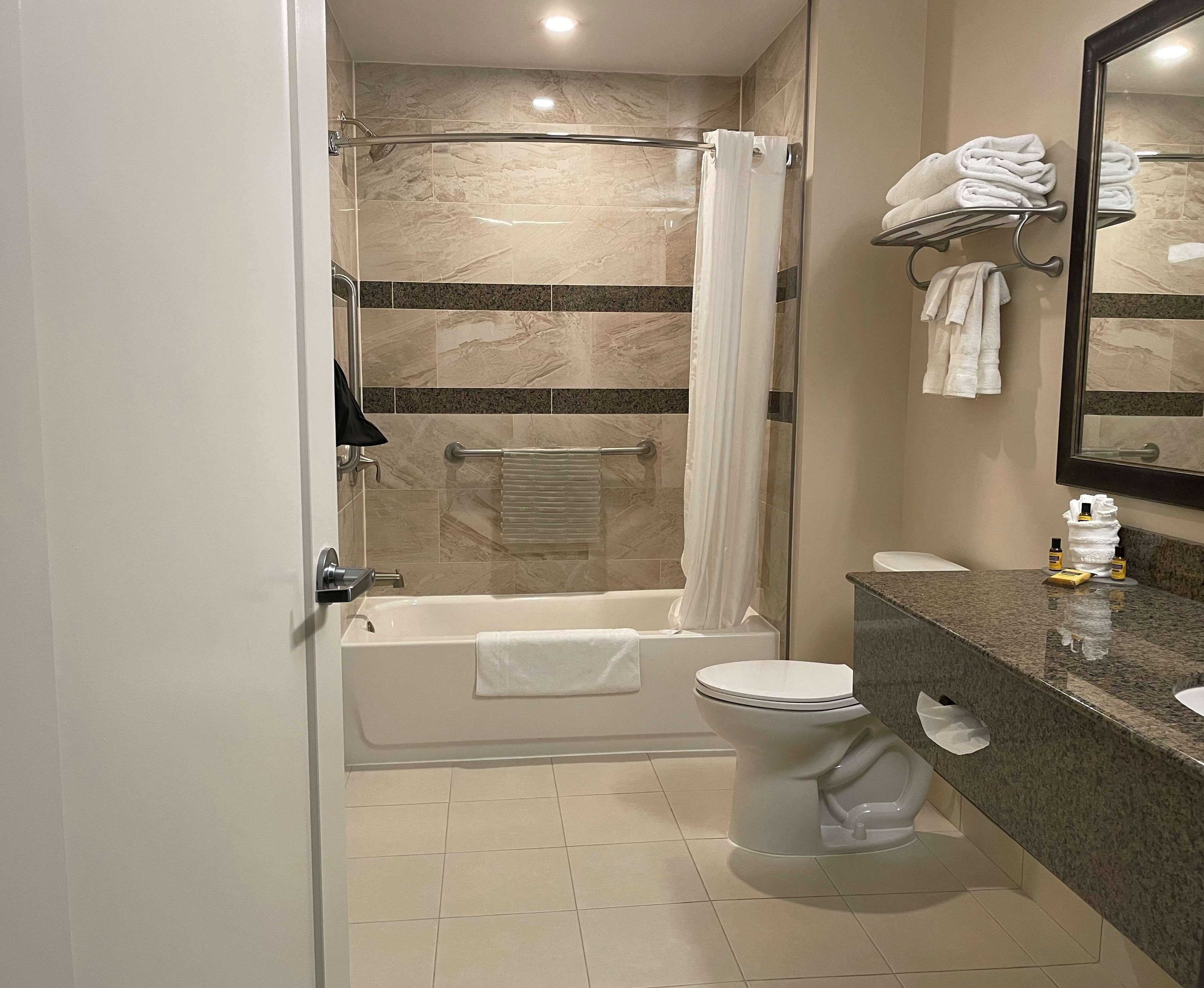 A modern bathroom with a bathtub, toilet, and shower.