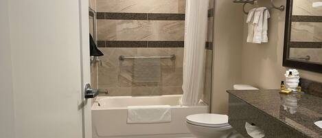 A modern bathroom with a bathtub, toilet, and shower.