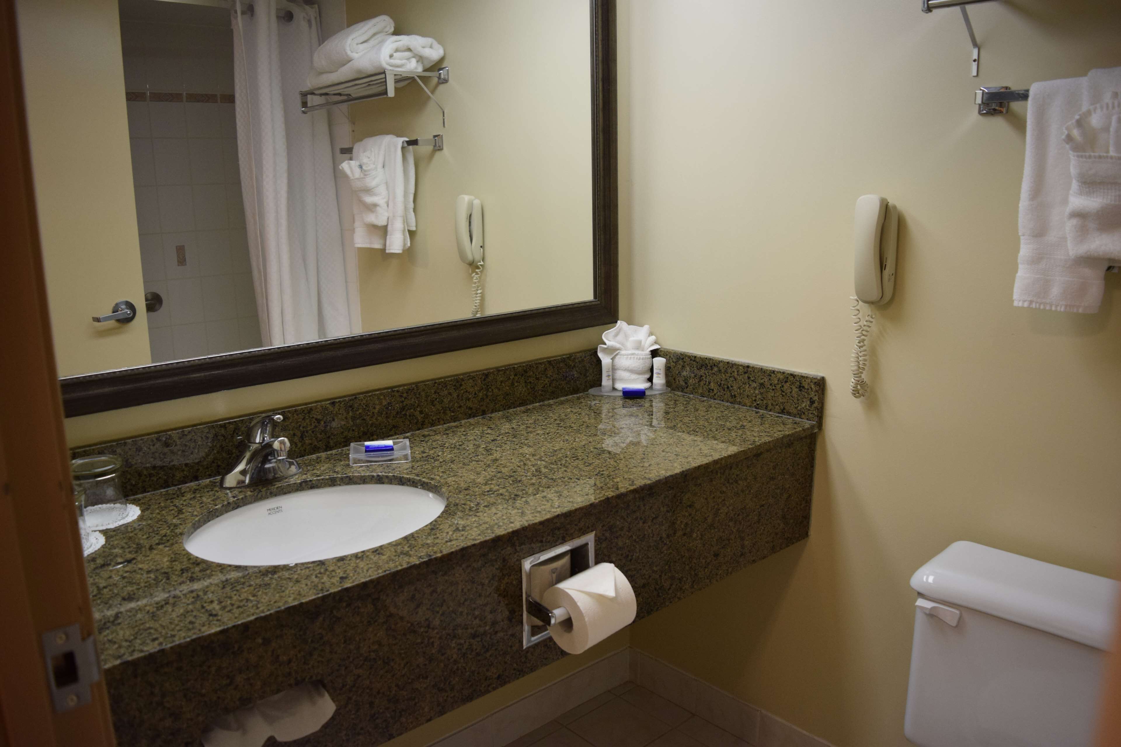 Une salle de bain avec un lavabo à dessus en granit, un miroir, des toilettes et un espace douche.